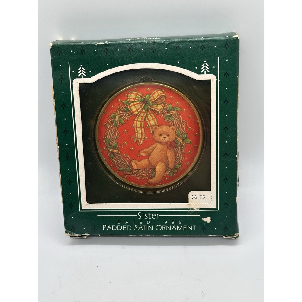 Hallmark Keepsake Sister Ornament 1986 Padded Satin Bear Wreath NIB